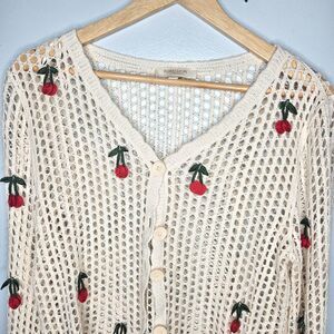 REBELLION Open Knit Cherry Cardigan Medium Bohemian Beachy Coquette Fun Cotton